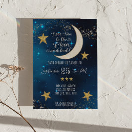 Twinkle Little Star Navy Blue Moon Boy Baby Shower 招待状