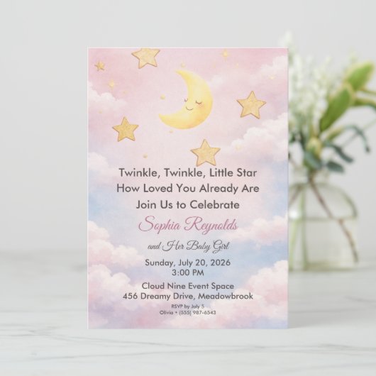 Twinkle Little Star Pink Baby Shower Invitation 招待状 (スタンド正面)