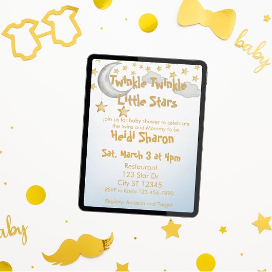 Twinkle Little Stars, twin baby shower 招待状