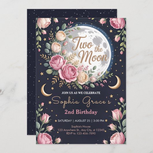 Twinkle Moon and Roses 2nd Birthday 招待状 (正面/裏面)