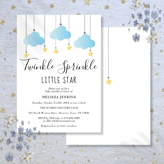Twinkle Sprinkle Little Star Blue Boy Baby Shower 招待状