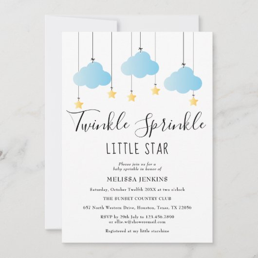 Twinkle Sprinkle Little Star Blue Boy Baby Shower 招待状 (正面)