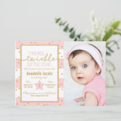 Twinkle Twinkleピンクと金ゴールド誕生日写真 招待状 (スタンド正面)