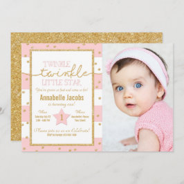 Twinkle Twinkleピンクと金ゴールド誕生日写真 招待状