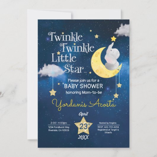 Twinkle Twinkle小さな星の赤ちゃんシャワーの招待 招待状 (正面)