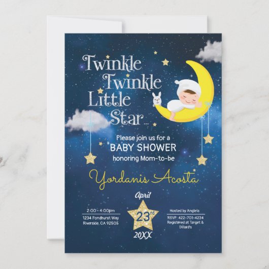 Twinkle Twinkle小さな星の赤ちゃんシャワーの招待 招待状 (正面)