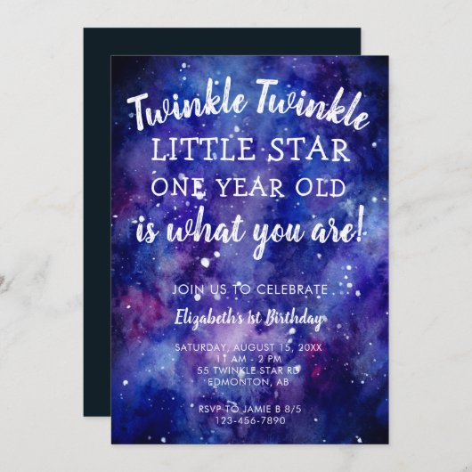 Twinkle Twinkle Little Star 1st誕生日銀河系イン 招待状 (正面/裏面)
