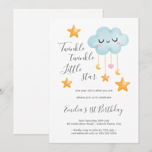 Twinkle Twinkle Little Star 1st Birthday 招待状 (正面/裏面)