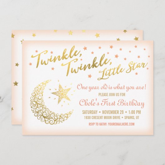 Twinkle, Twinkle, Little Star Birthday Party coral 招待状 (正面/裏面)