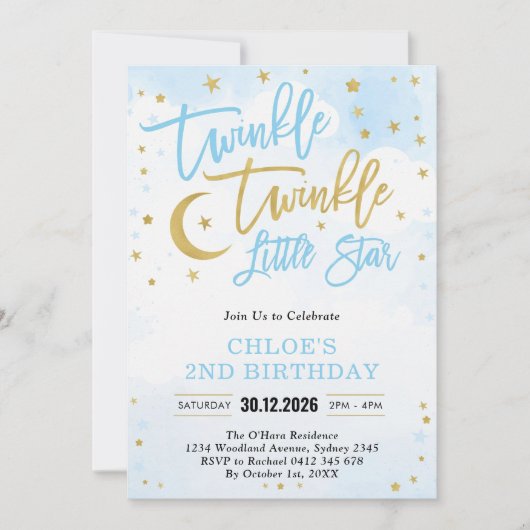Twinkle Twinkle Little Star Blue Boy Birthday 招待状 (正面)