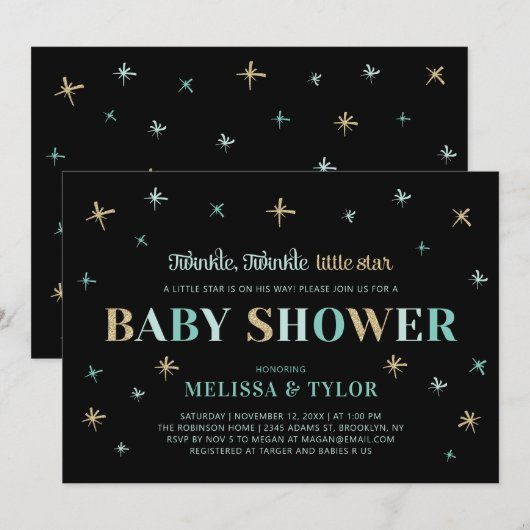 Twinkle Twinkle Little Star Boy Baby Shower 招待状 (正面/裏面)