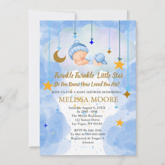 Twinkle Twinkle Little Star Boy Baby Shower 招待状 (正面)