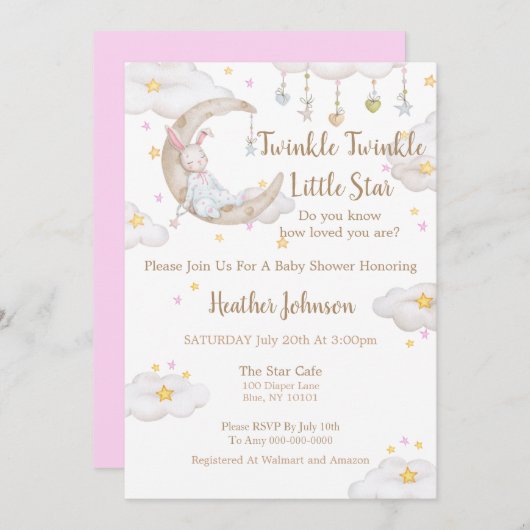Twinkle Twinkle Little Star Bunny Baby Baby Shower 招待状 (正面/裏面)