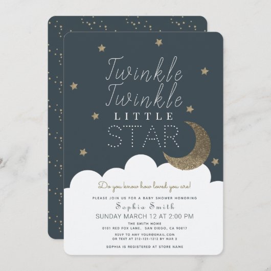 Twinkle Twinkle Little Star Navy Blue赤ちゃんシャワー 招待状 (正面/裏面)