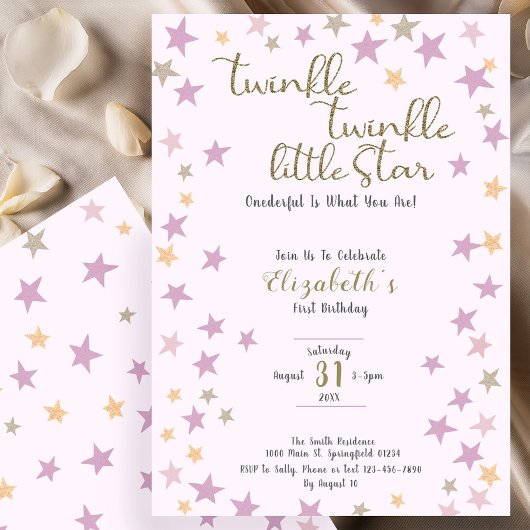 Twinkle Twinkle Little Star Pink Girl 1st Birthday 招待状