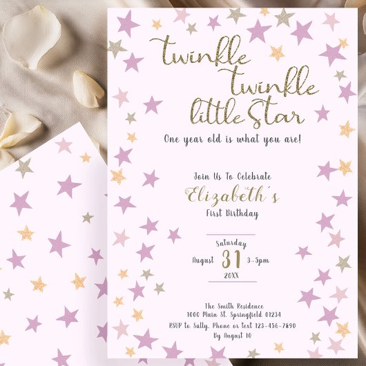 Twinkle Twinkle Little Star Pink Girl 1st Birthday 招待状