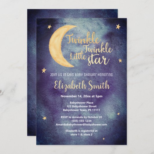 Twinkle Twinkle little star watercolor babyshower 招待状 (正面/裏面)