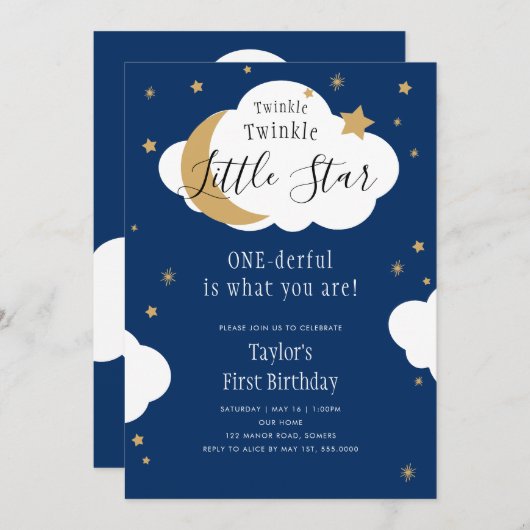 Twinkle Twinkle OneDerfulボーイファースト誕生日 招待状 (正面/裏面)