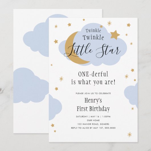 Twinkle, Twinkle, OneDerful Blue最初の誕生日 招待状 (正面/裏面)