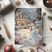 Twinkling Cozy Christmas Cottage with Snowman カード