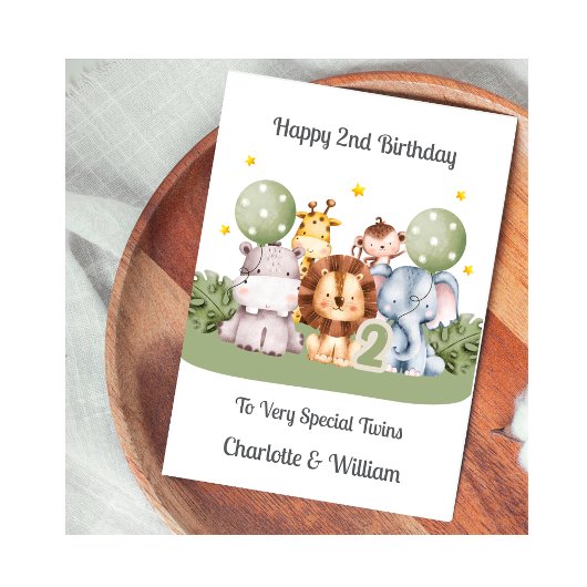 Twins 2nd Birthday Safari Leaf Animals Card カード