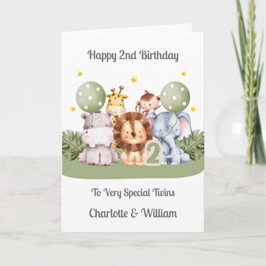 Twins 2nd Birthday Safari Leaf Animals Card カード (正面)