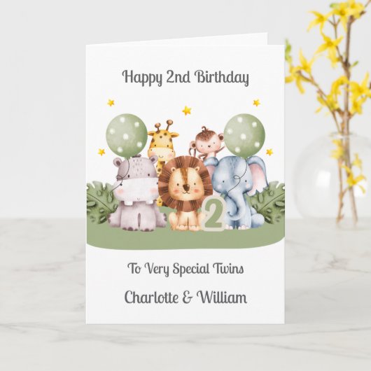 Twins 2nd Birthday Safari Leaf Animals Card カード (黄色い花)