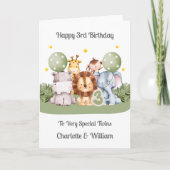 Twins 3rd Birthday Safari Leaf Animals Card カード (正面)