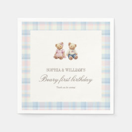 Twins Beary First Birthday Napkins | Pink Blue スタンダードカクテルナプキン