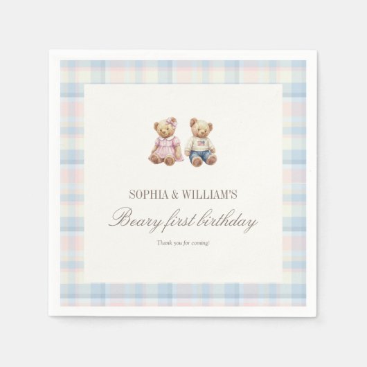 Twins Beary First Birthday Napkins | Pink Blue スタンダードカクテルナプキン (正面)