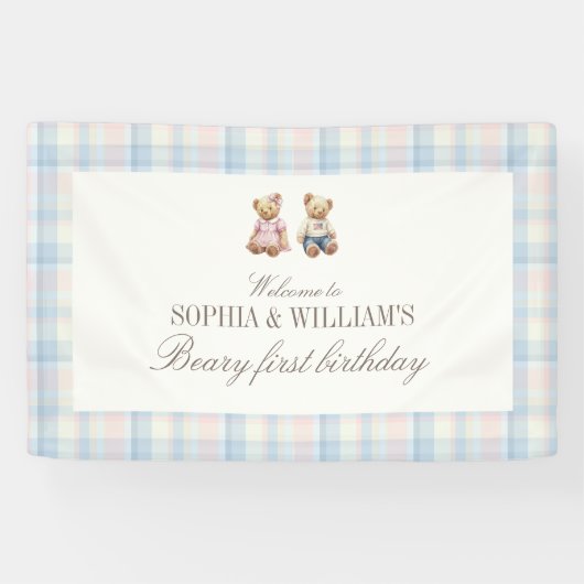 Twins Beary First Teddy Bear Birthday Banner 横断幕 (横)