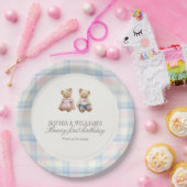 Twins Beary First Teddy Bear Birthday Plates  ペーパープレート (パーティー)