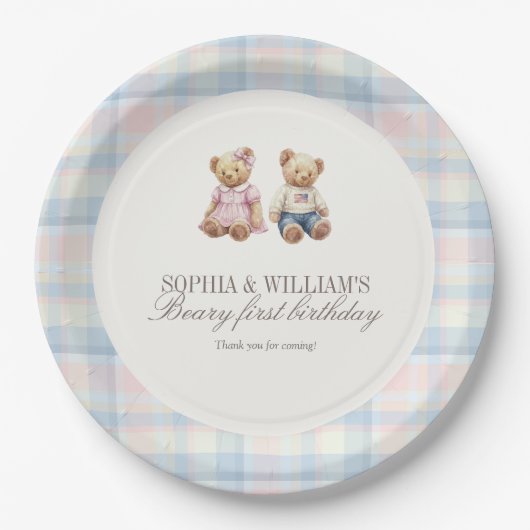 Twins Beary First Teddy Bear Birthday Plates  ペーパープレート (正面)