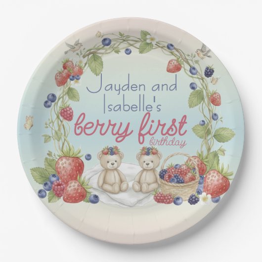 Twins Berry First 1st Birthday Party Paper Plate ペーパープレート (正面)