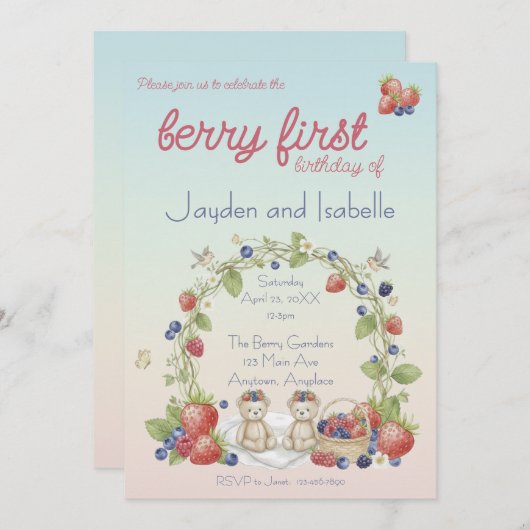 Twins Berry First Birthday Party 招待状 (正面/裏面)