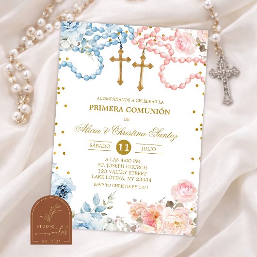 Twins Boy and Girl Rosary Spanish Primera Comunion 招待状