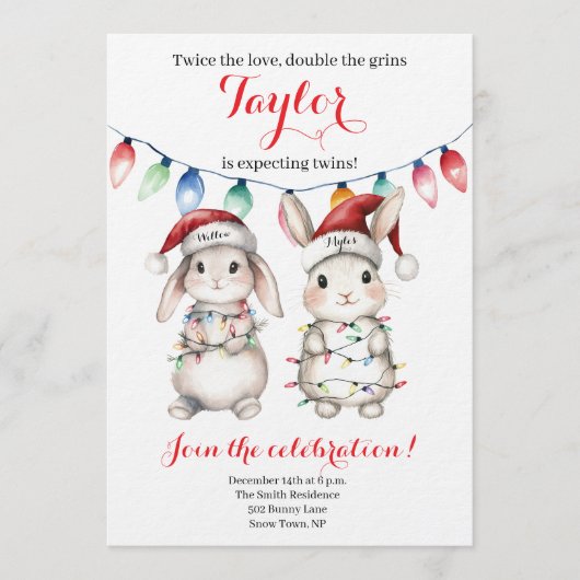 Twins Holiday Lights Baby Shower Invitation 招待状 (正面)