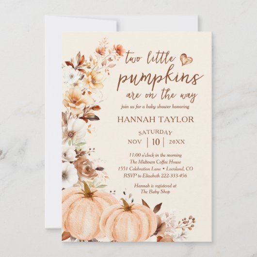 Twins Little Pumpkin Fall Floral Baby Shower 招待状 (正面)