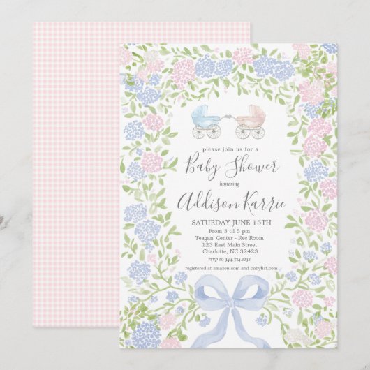 Twins shower, baby carriage shower invitation 招待状 (正面/裏面)