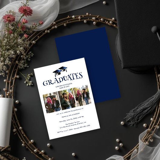 Twins Siblings Modern Dark Blue Grads Photo TMF26 招待状