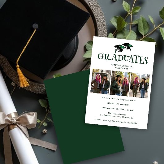 Twins Siblings Modern Dark Green Grads Photo TMF26 招待状