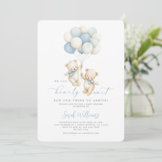 Twins Teddy Bear Baby Shower Boy Invitation 招待状 (スタンド正面)