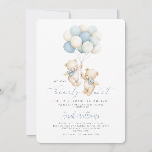 Twins Teddy Bear Baby Shower Boy Invitation 招待状 (正面)