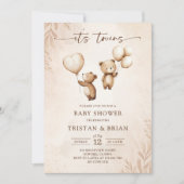 Twins Teddy Bear Balloons Baby Shower 招待状 (正面)