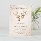 Twins Teddy Bear Balloons Baby Shower 招待状 (スタンド正面)