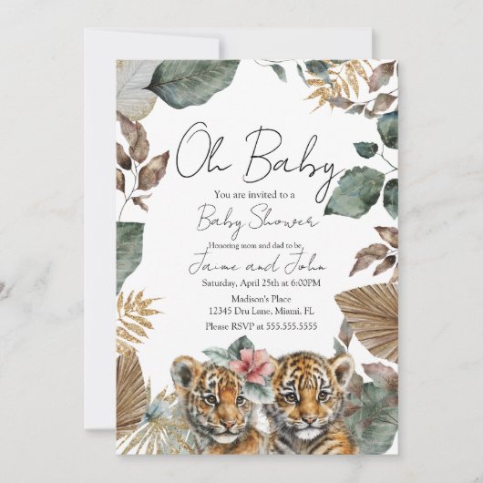 Twins Tiger Jungle Wild Details Baby Shower 招待状 (正面)