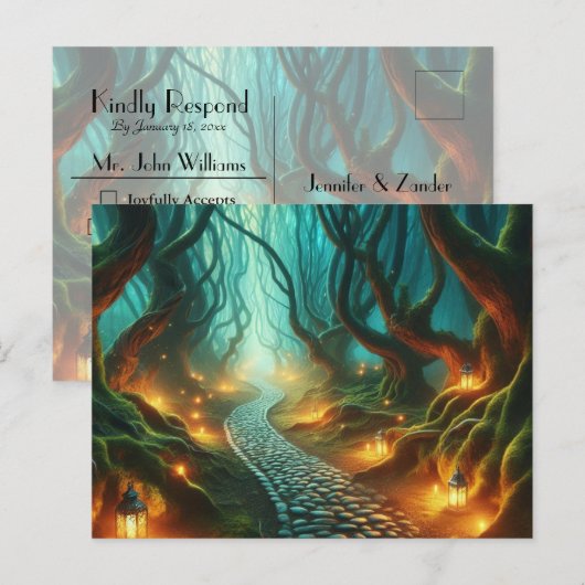 Twisted Woodland Lantern Path ウェディングRSVP インビテーションポストカード (正面/裏面)