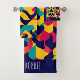 Twitch黄モダン色ブルーピンクの幾何学的パターン バスタオルセット