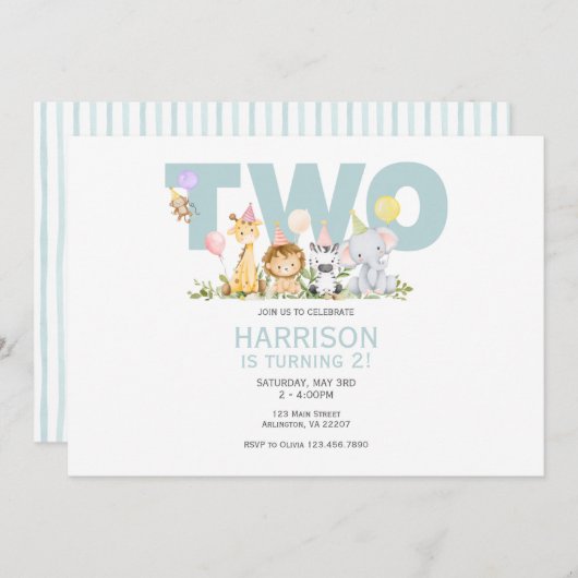 TWOワイルドサファリ誕生日招待状- 2nd誕生日 招待状 (正面/裏面)