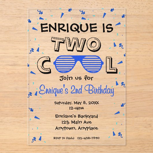 TWO クール サングラス 2歳の誕生日パーティー アクリル招待状 (正面)